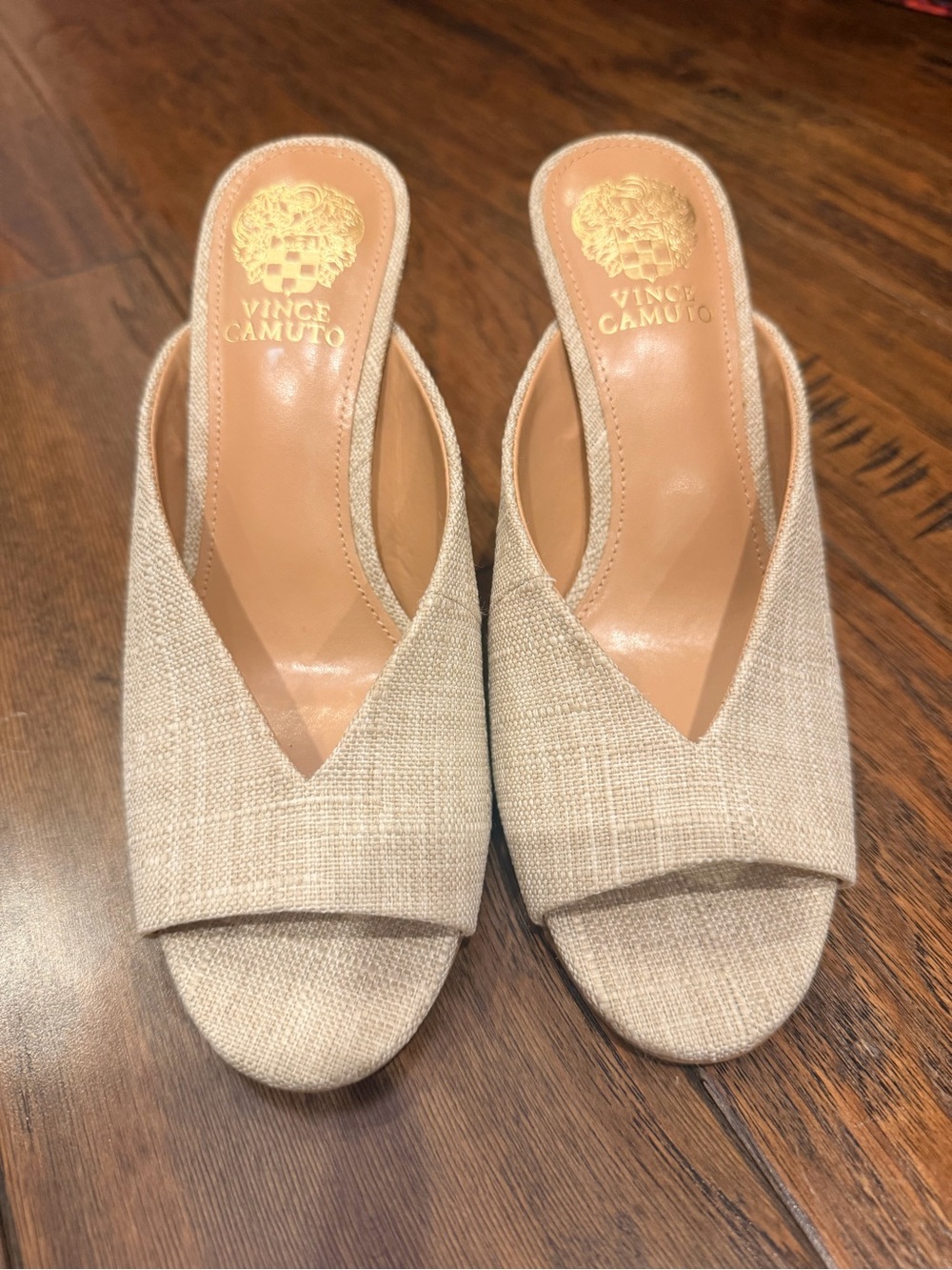 Vince Camuto Linen-Textured Beige Open-Toe Slide Mules